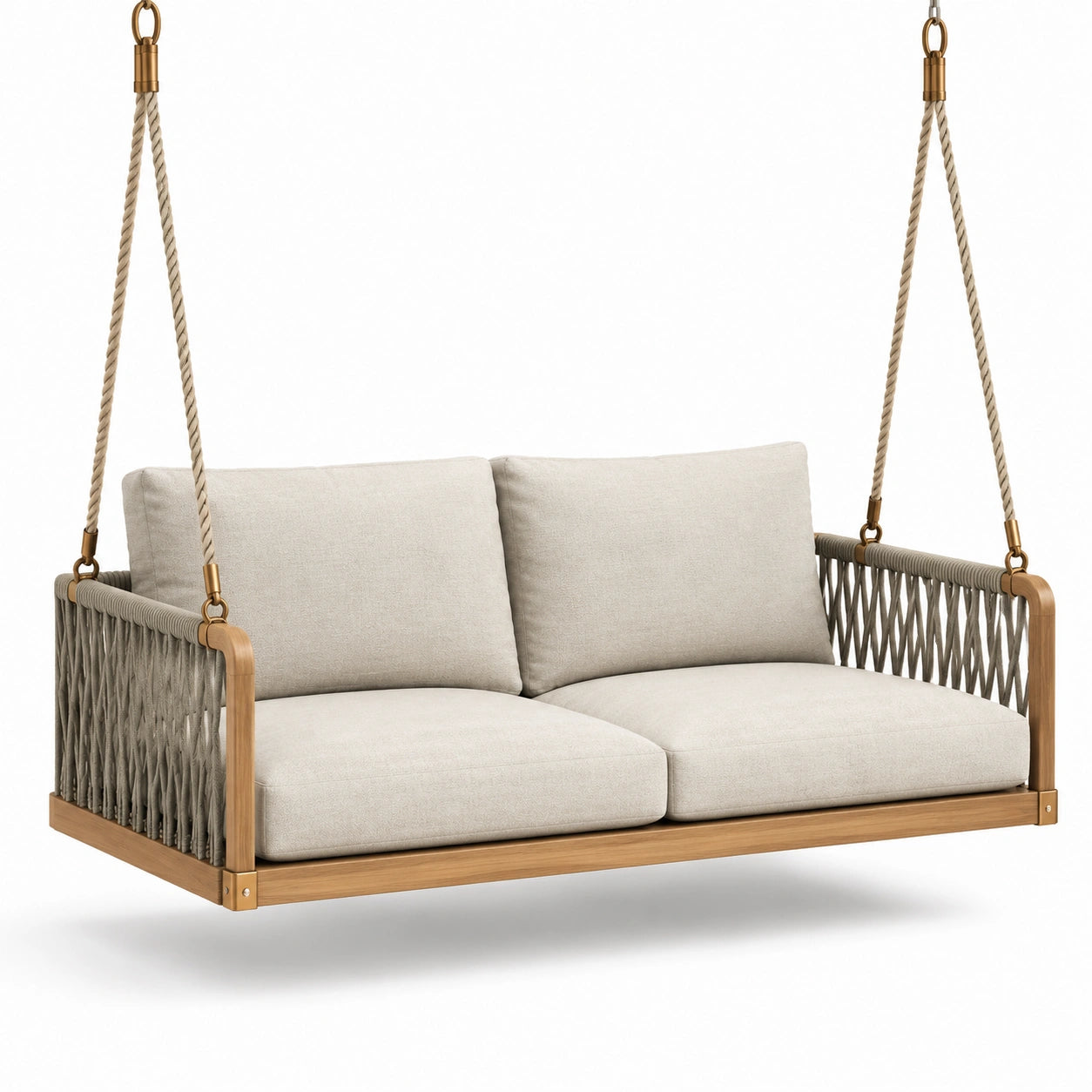 Dondolo in Legno di Teak e Tessuto Beige con Corde Incluse