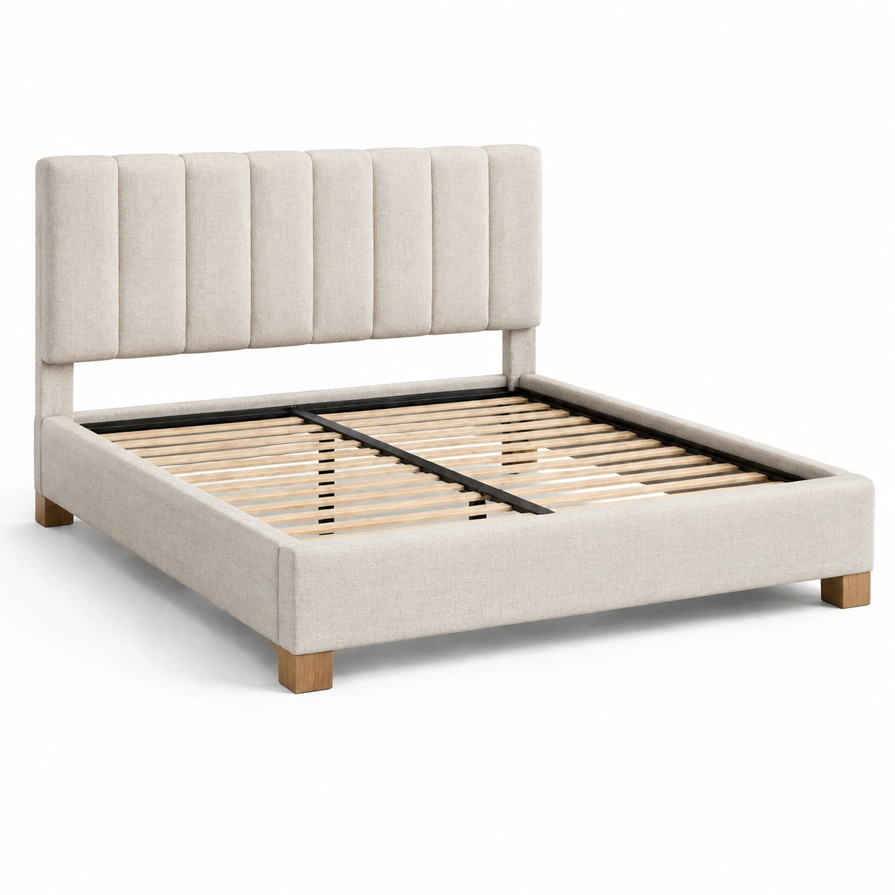 Letto matrimoniale in tessuto beige con testiera imbottita
