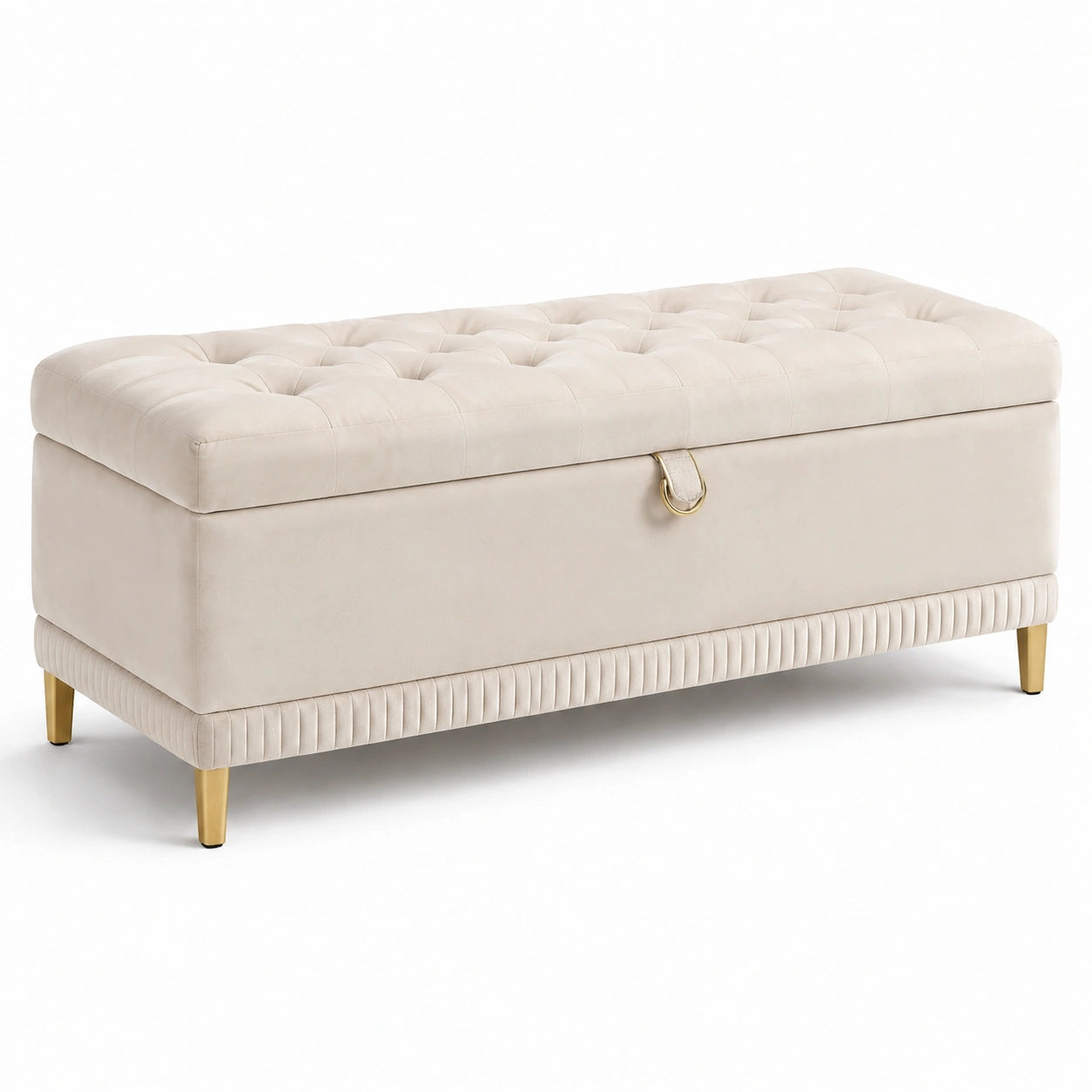 Panca contenitore velluto beige con gambe in metallo