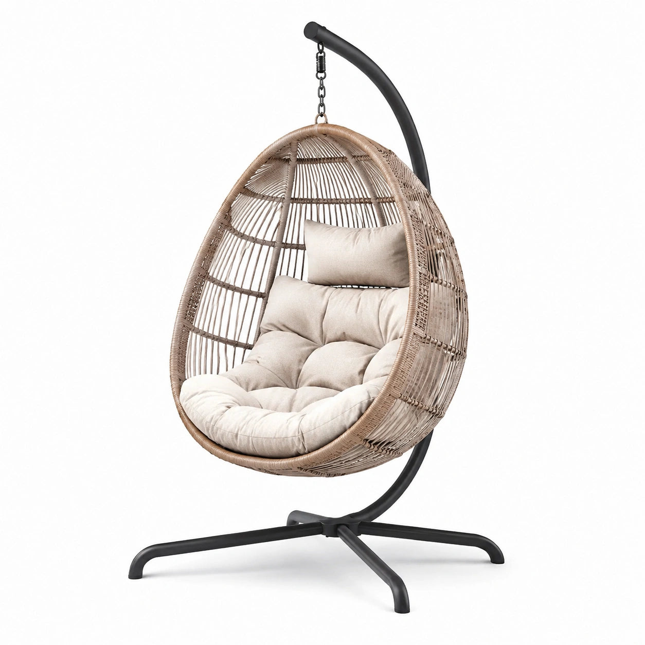 Sedia sospesa in rattan e acciaio con cuscini in poliestere beige