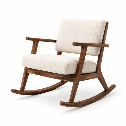 Sedia a dondolo in legno e tessuto bouclé beige
