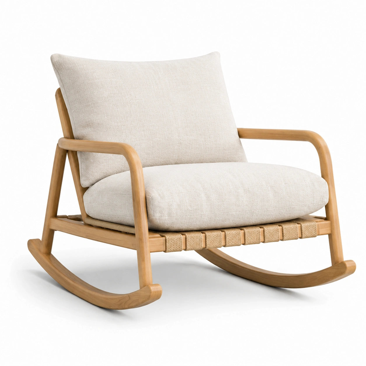 Sedia a dondolo in legno con cuscini beige