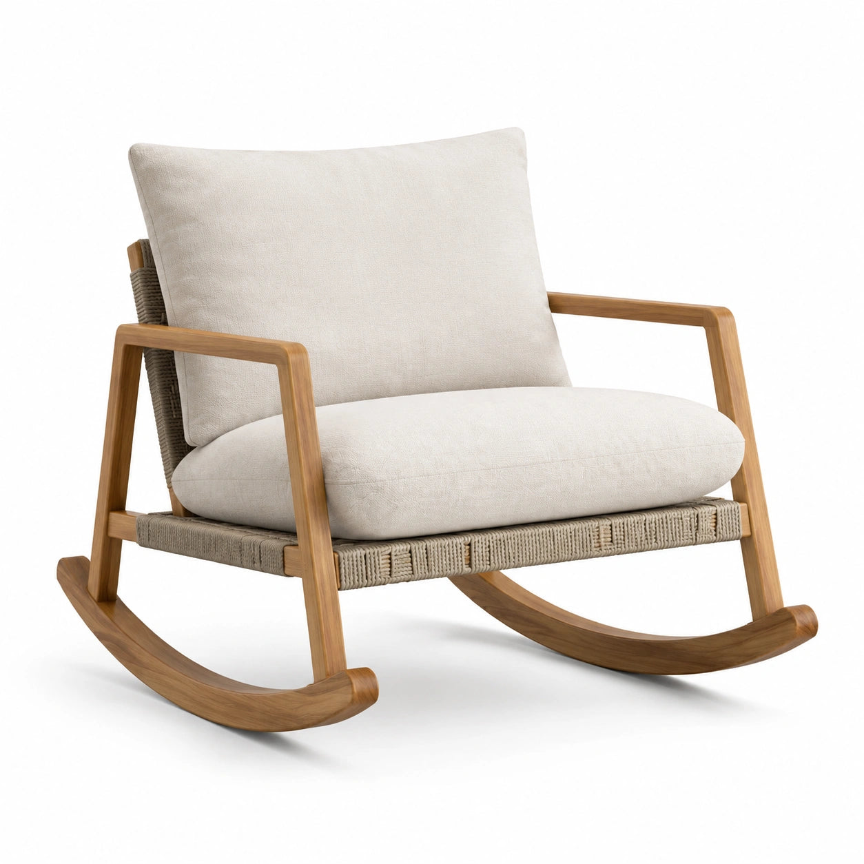 Sedia a dondolo in legno con cuscini in tessuto beige