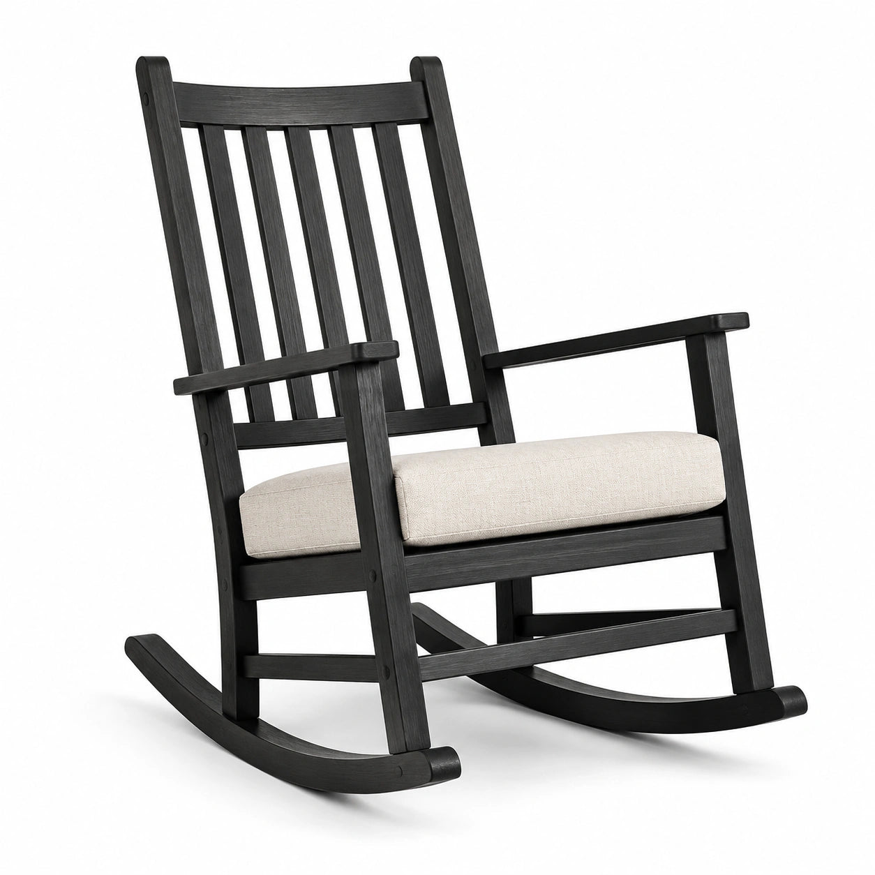 Sedia a dondolo in legno massello con cuscino in lino nero e beige