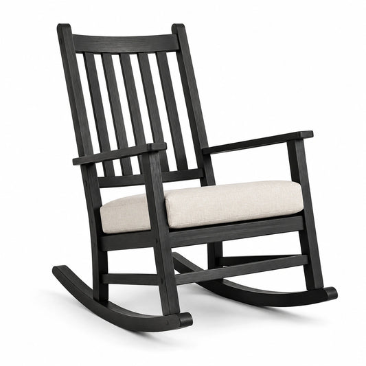Sedia a dondolo in legno massello con cuscino in lino nero e beige