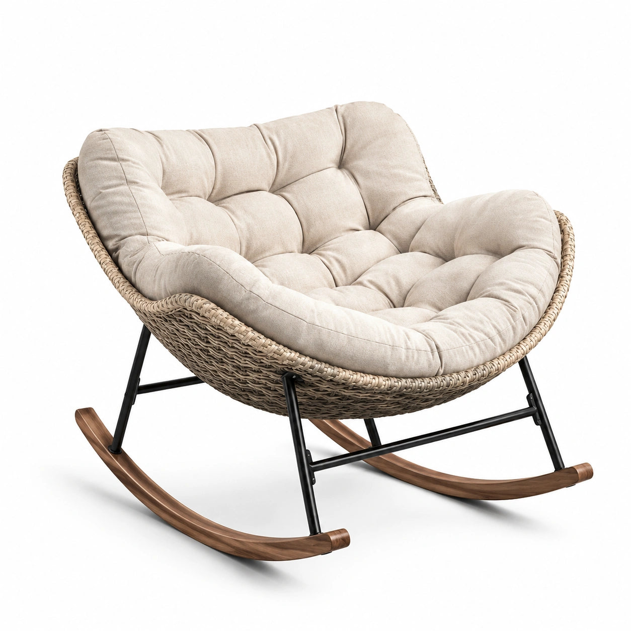 Sedia a dondolo in rattan e metallo con base in legno