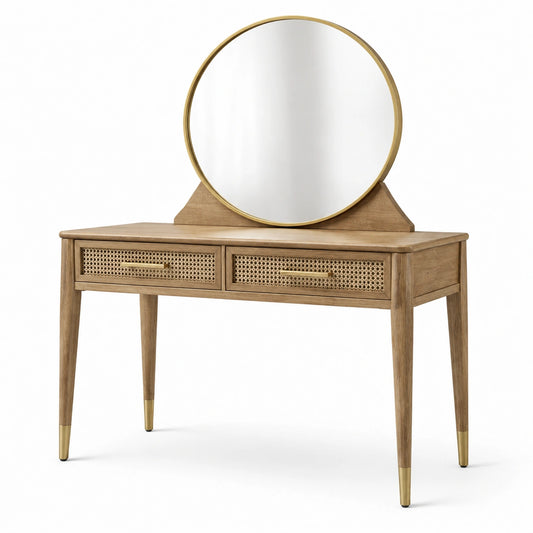 Tavolo da Toeletta con Specchio Rotondo in Legno e Rattan con Accenti in Ottone