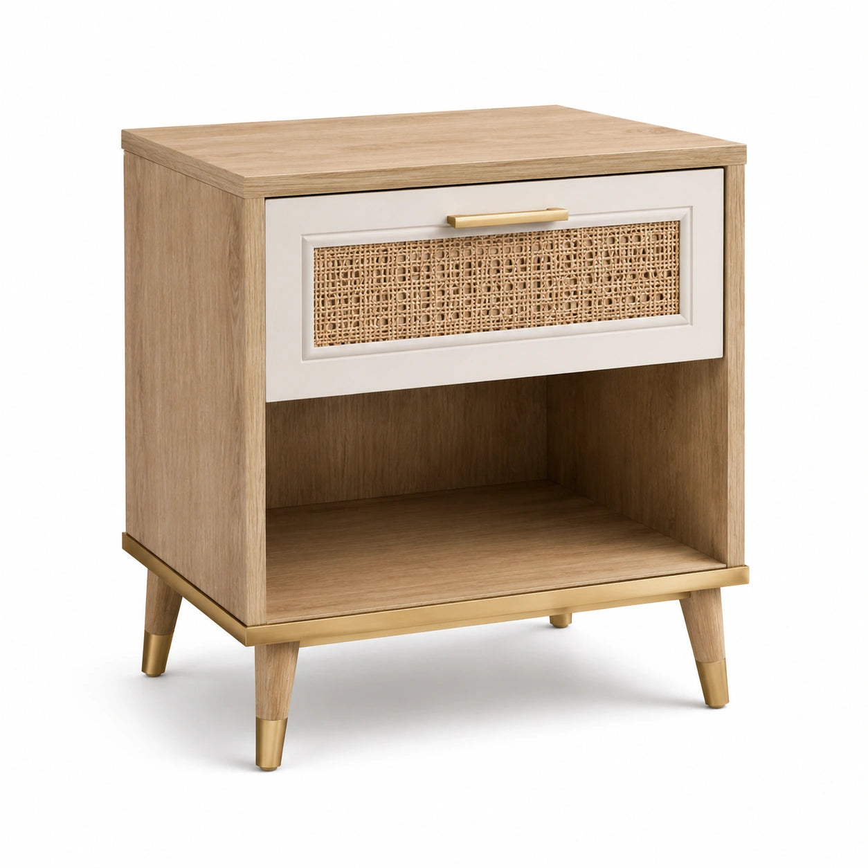 Comodino in legno MDF chiaro con cassetto in rattan e dettagli dorati