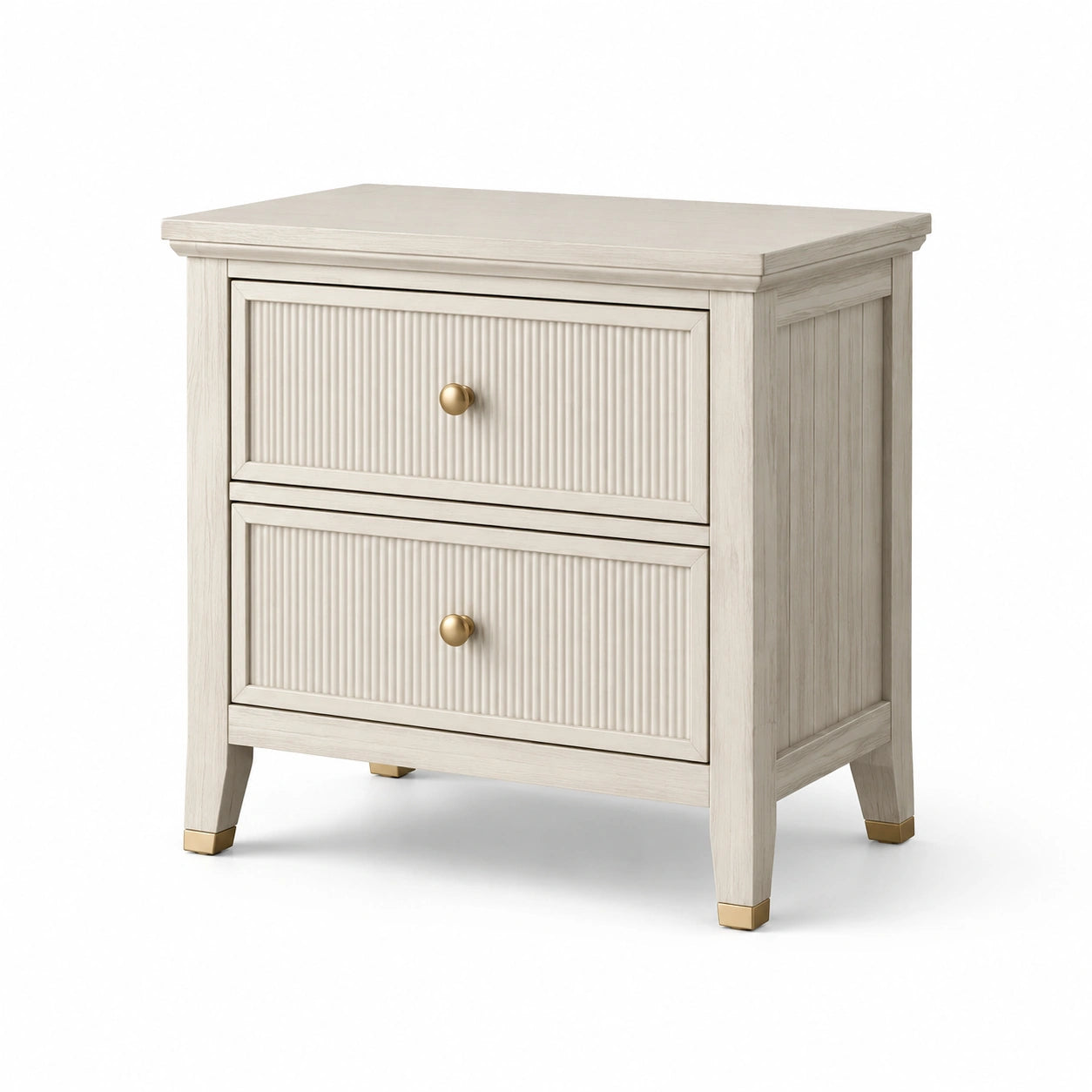 Comodino in legno di pino con 2 cassetti e maniglie in metallo color crema