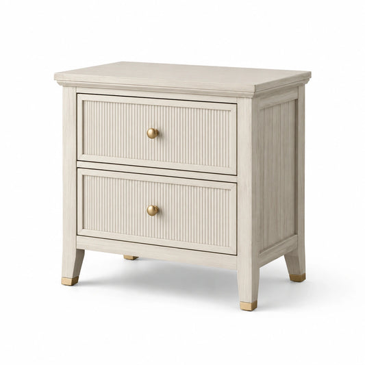 Comodino in legno di pino con 2 cassetti e maniglie in metallo color crema