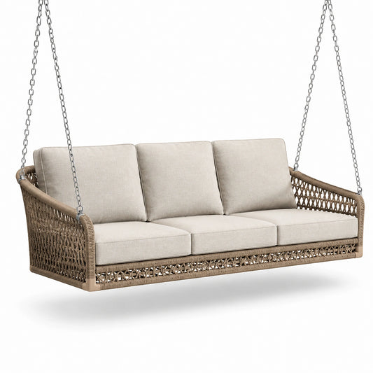 Dondolo in rattan con cuscini in poliestere crema