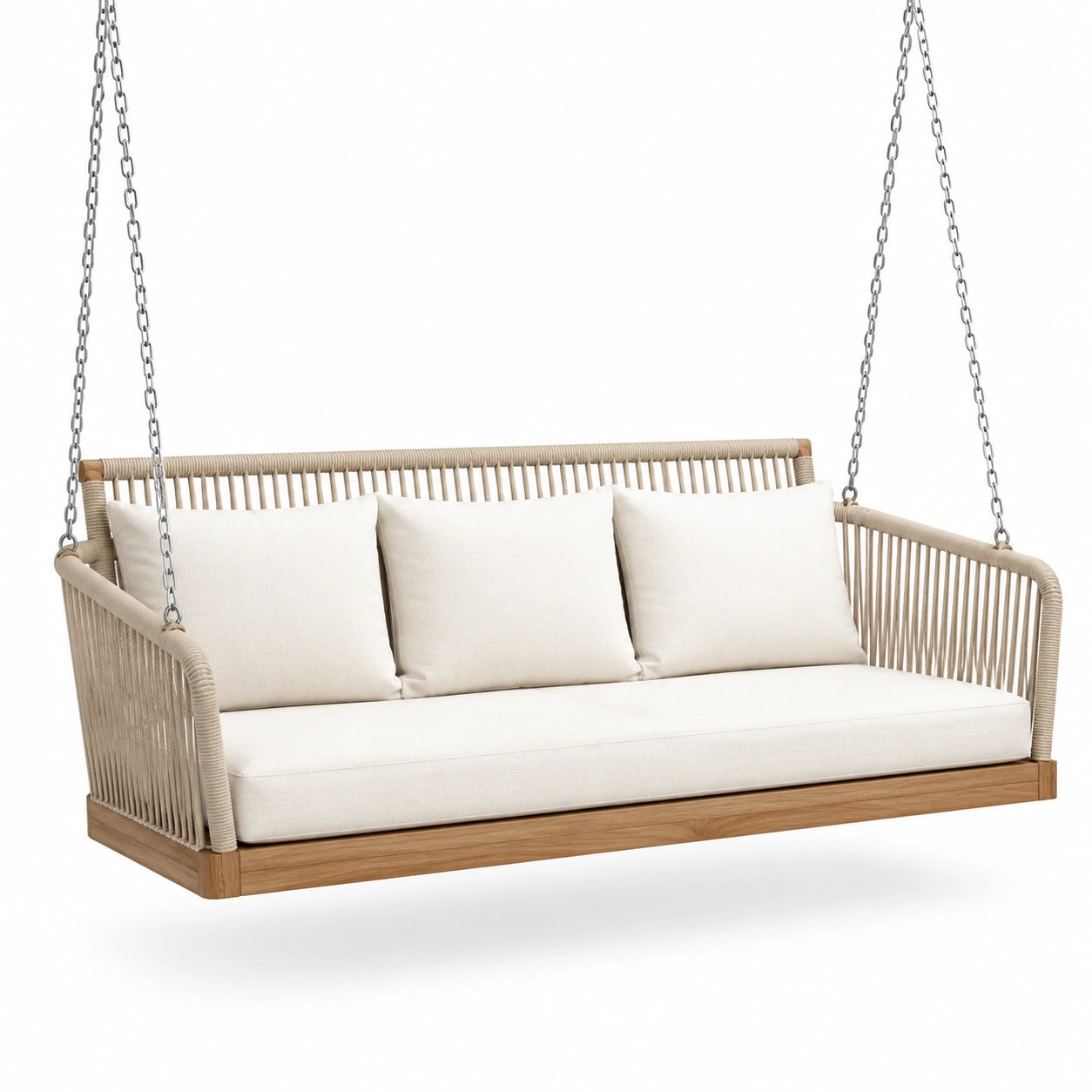 Altalena da veranda in legno di teak e corde con cuscini crema