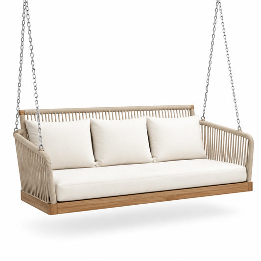 Altalena da veranda in legno di teak e corde con cuscini crema