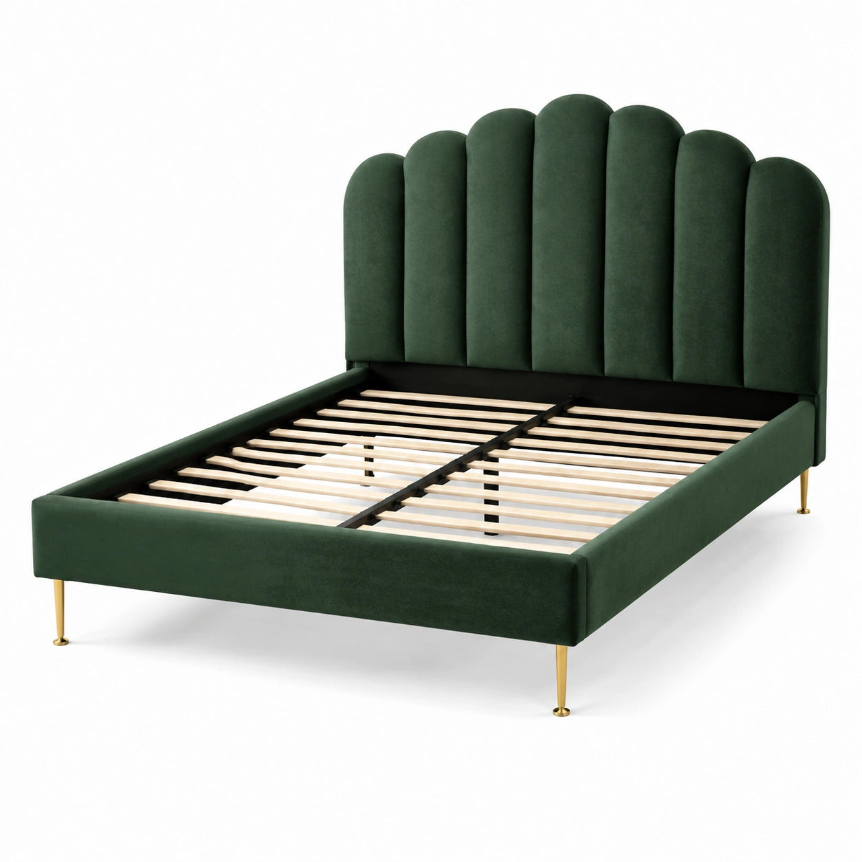 Letto matrimoniale in legno e velluto verde con gambe in metallo dorato 200x160 cm