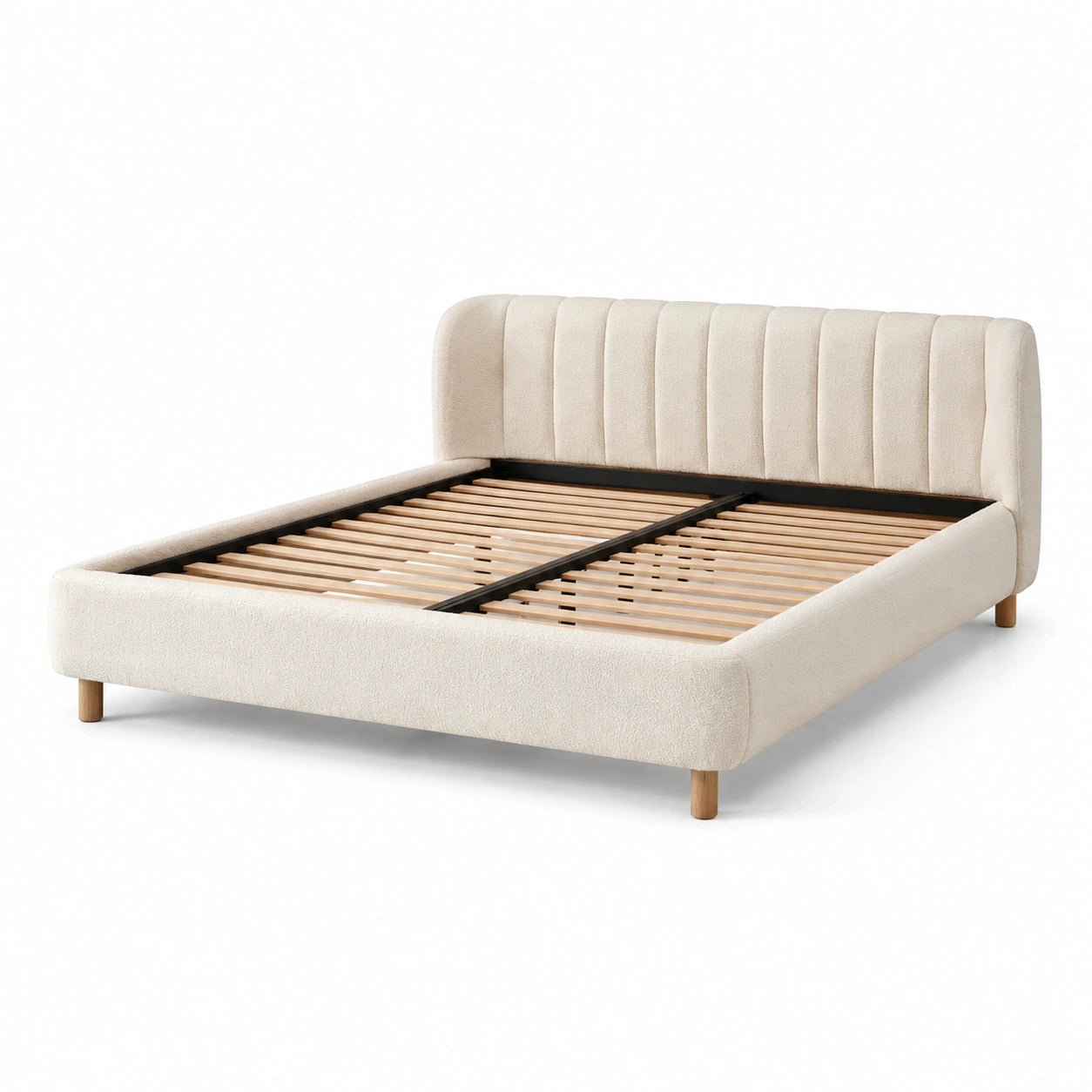 Letto matrimoniale con rivestimento in poliestere beige e doghe in legno 160x200 cm