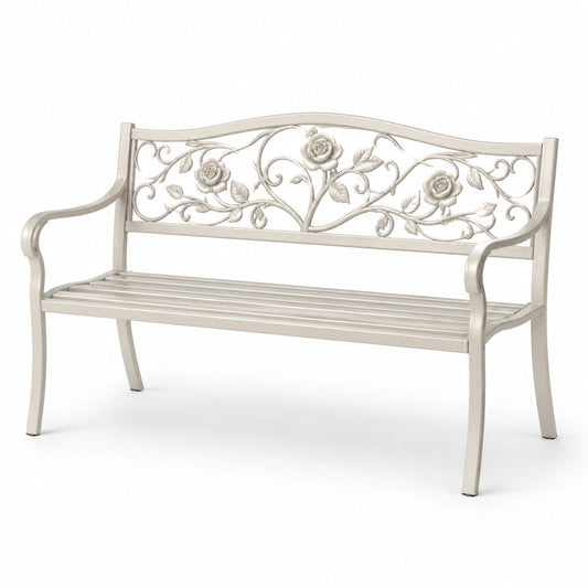 Panchina in metallo con decorazione floreale