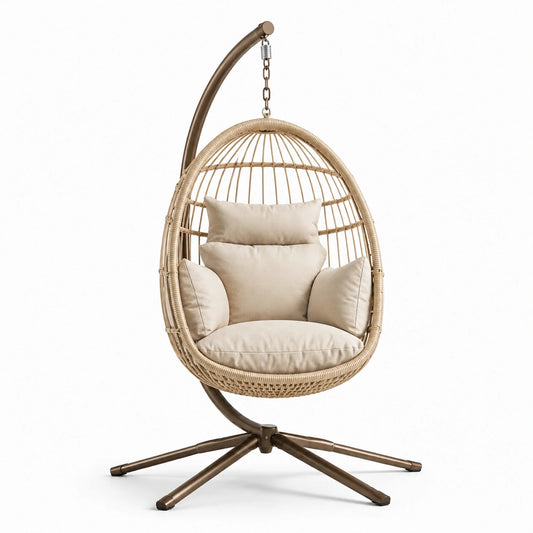 Sedia a dondolo sospesa in rattan sintetico con cuscini beige